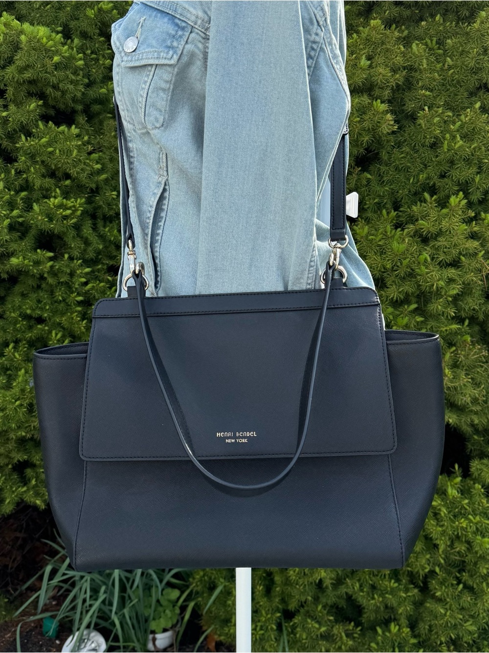 henri bendel black Saffiano Leather Tote with Front Flap